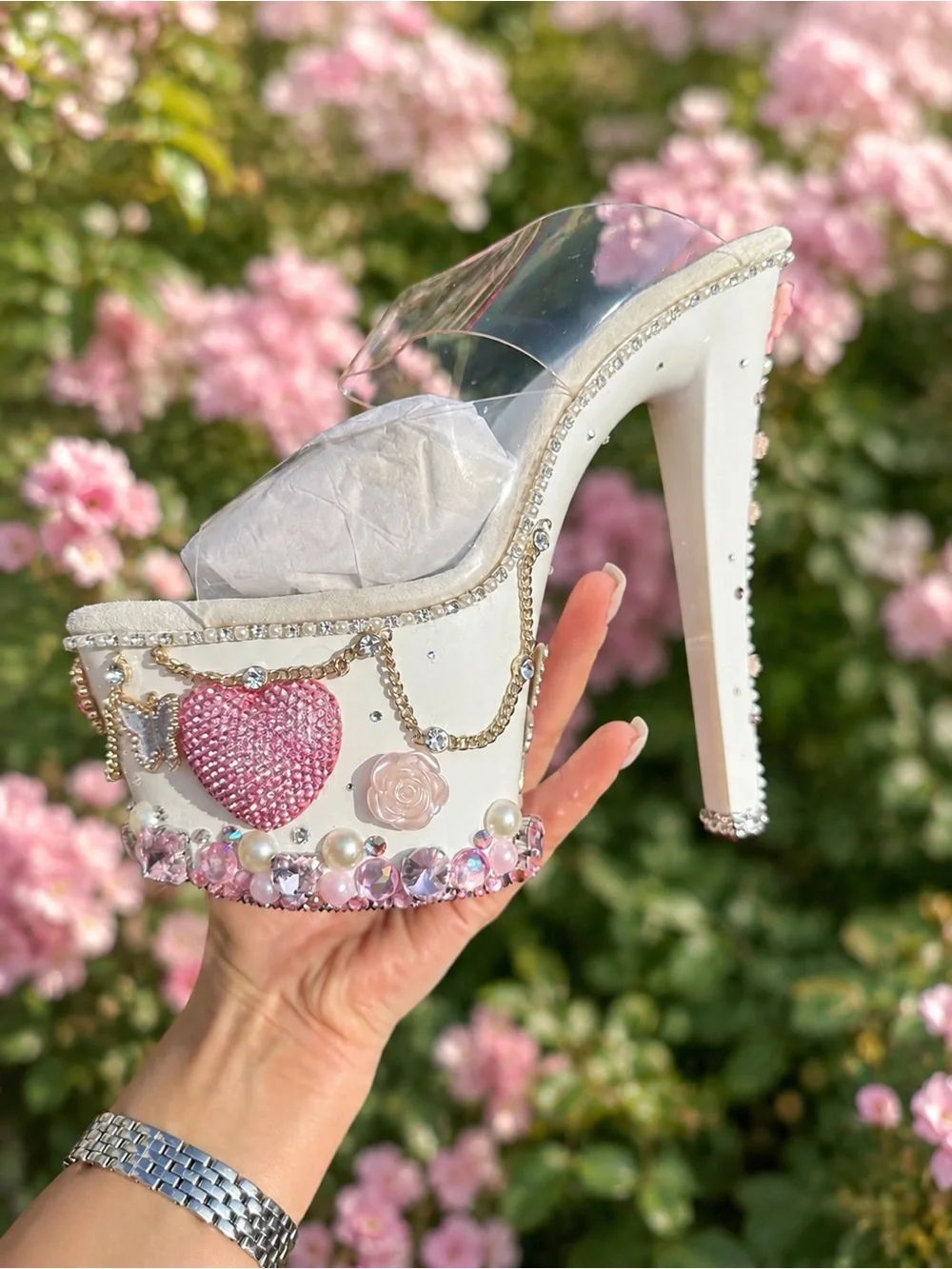 White Jeweled Platform Heels with Pink Crystal Accents